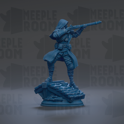 A blue statue of a person holding a rifle and standing on a platform.