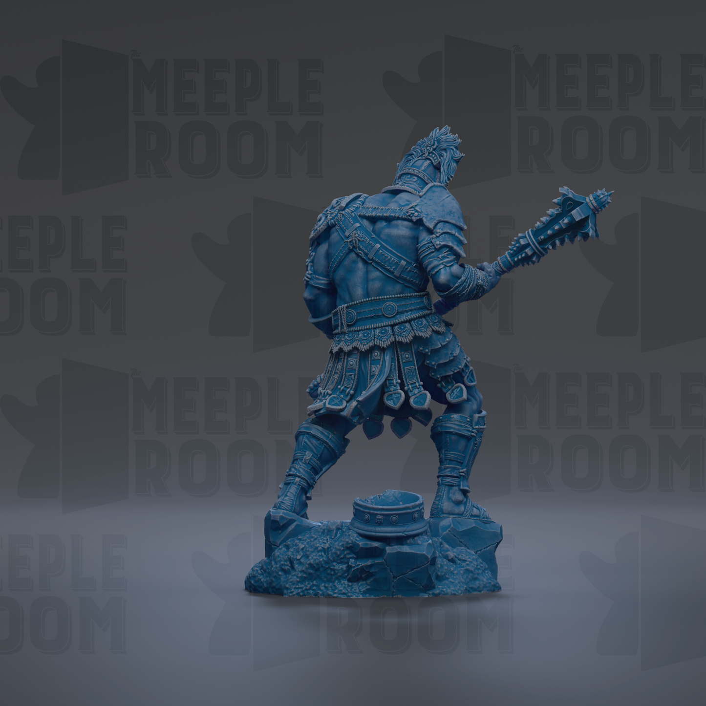 A blue statue of a warrior figure holding a weapon and standing on a rock formation.