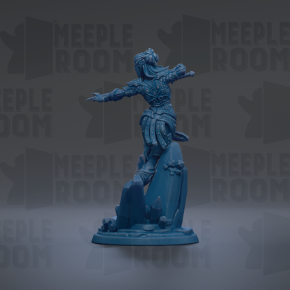 A blue figurine of a person with outstretched arms, standing on a rock formation against a dark background with repeated text.