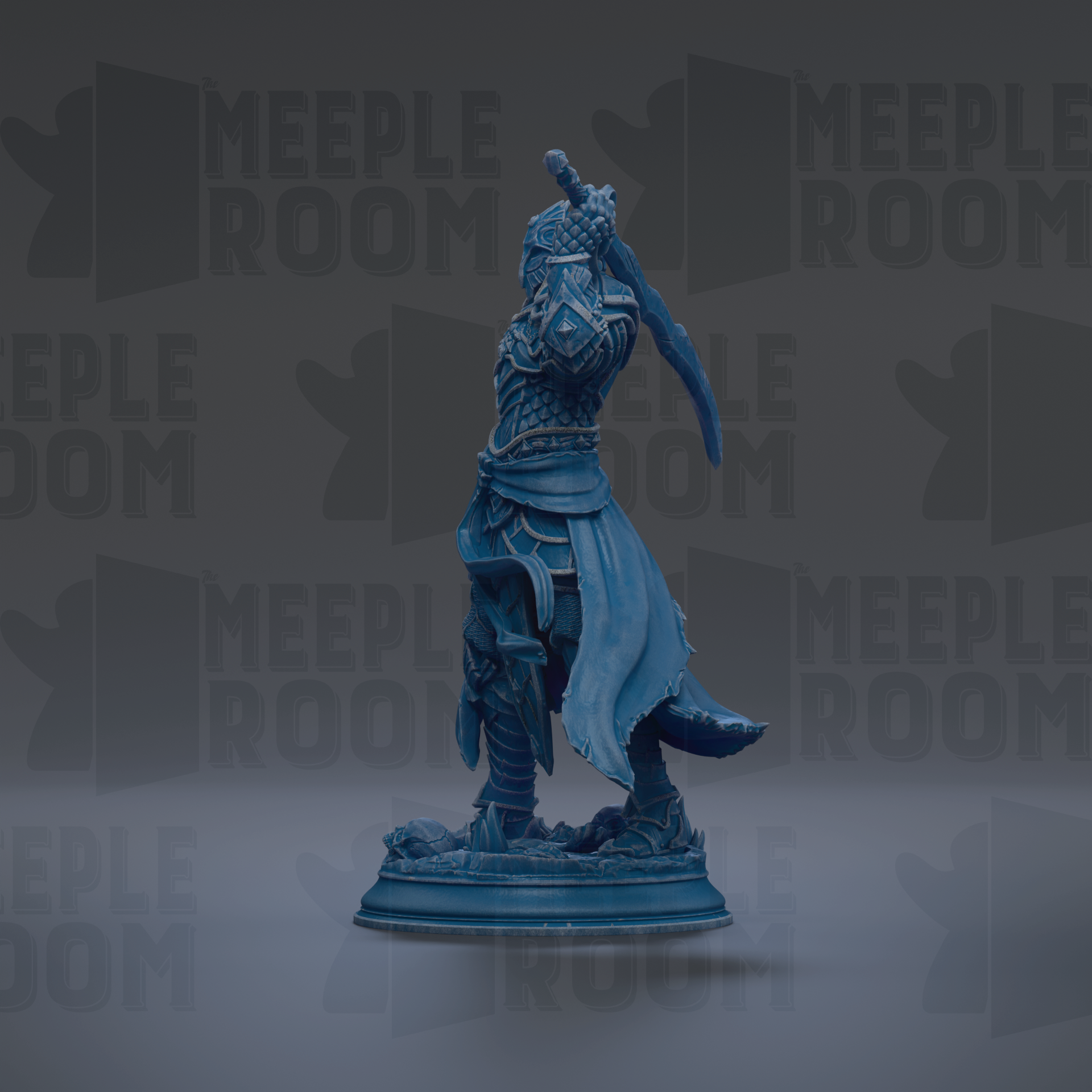 A blue statue of a warrior figure holding a sword and shield, standing on a pedestal against a dark background with repeated "MEIPLLE ROOM" text.