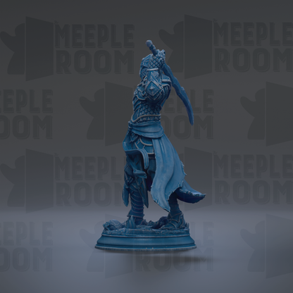 A blue statue of a warrior figure holding a sword and shield, standing on a pedestal against a dark background with repeated "MEIPLLE ROOM" text.