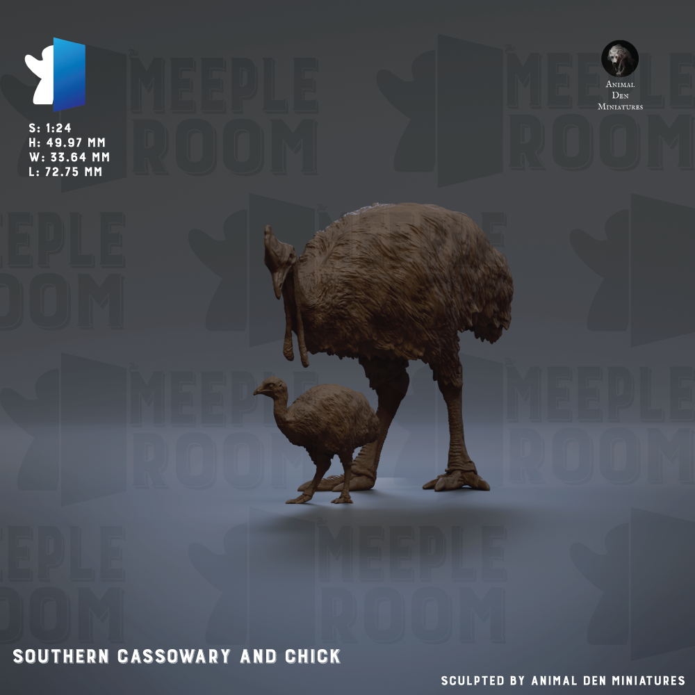 a Southern Cassowary and Chick, a pair of miniatures from the Animal Den Miniatures series.