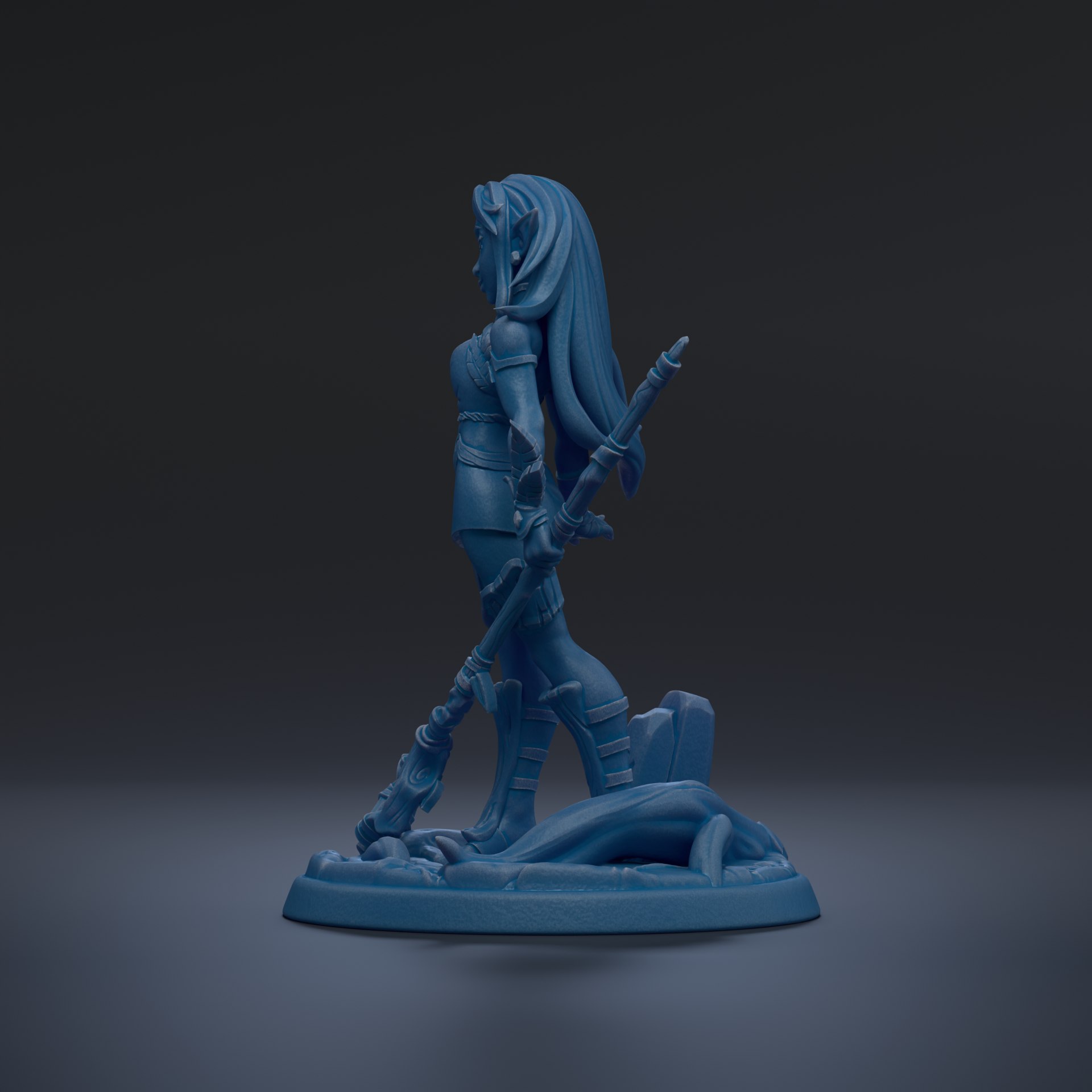 A blue figurine of a woman with long hair and a sword, standing on a base.