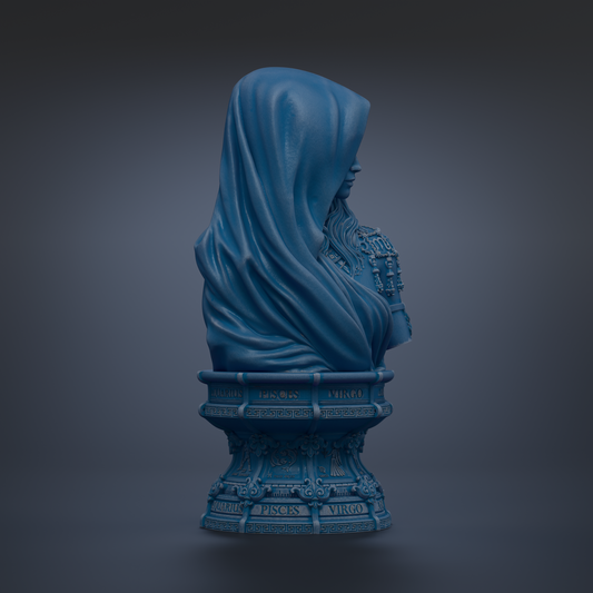 A blue statue of a woman with a flowing robe, standing on a pedestal with Latin inscriptions.