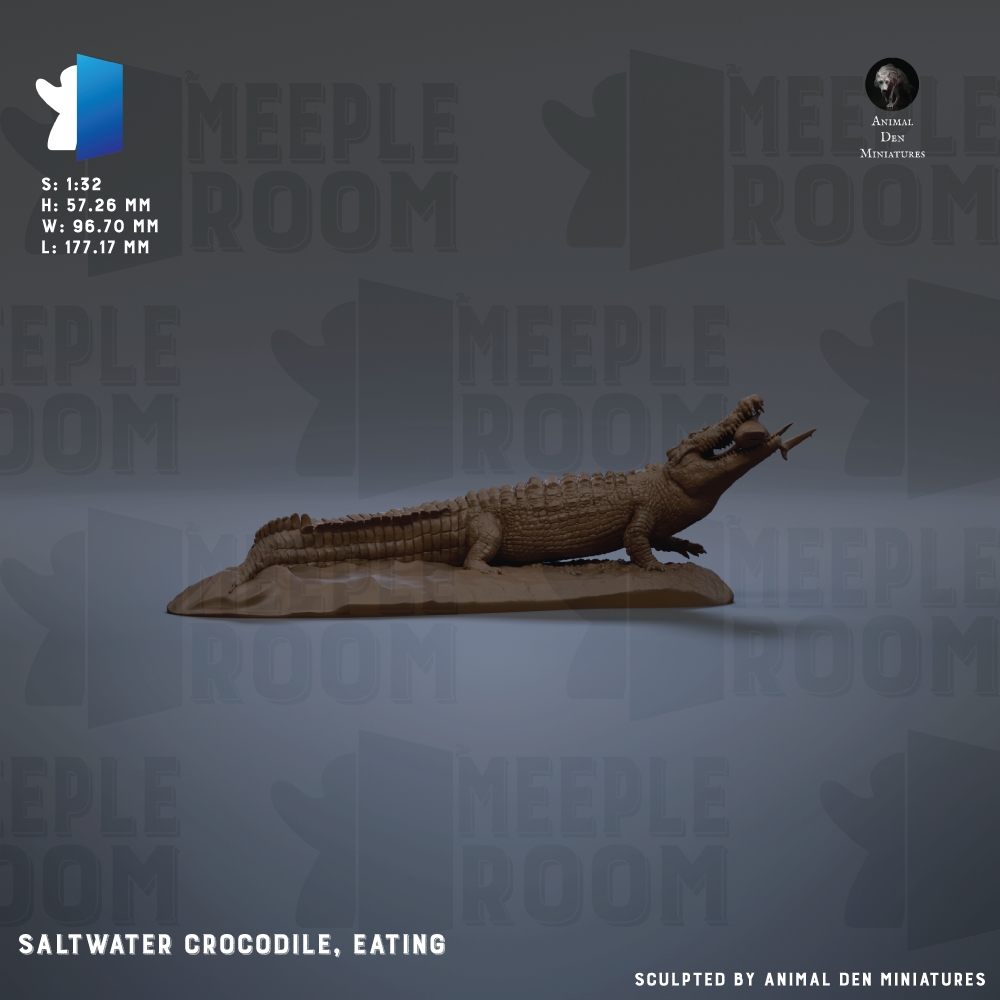 A saltwater crocodile statue is shown eating, with the text "SALTWATER CROCODILE, EATING" and "Sculpted by Animal Den Miniatures" below it.