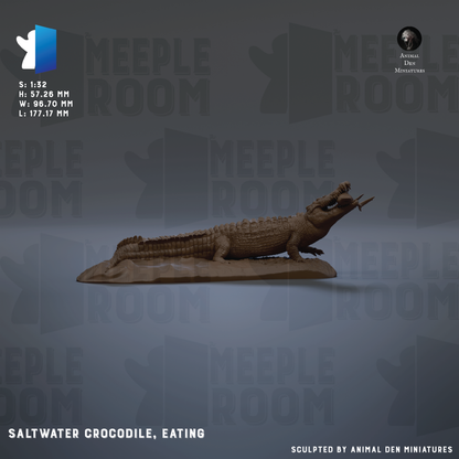 A saltwater crocodile statue is shown eating, with the text "SALTWATER CROCODILE, EATING" and "Sculpted by Animal Den Miniatures" below it.