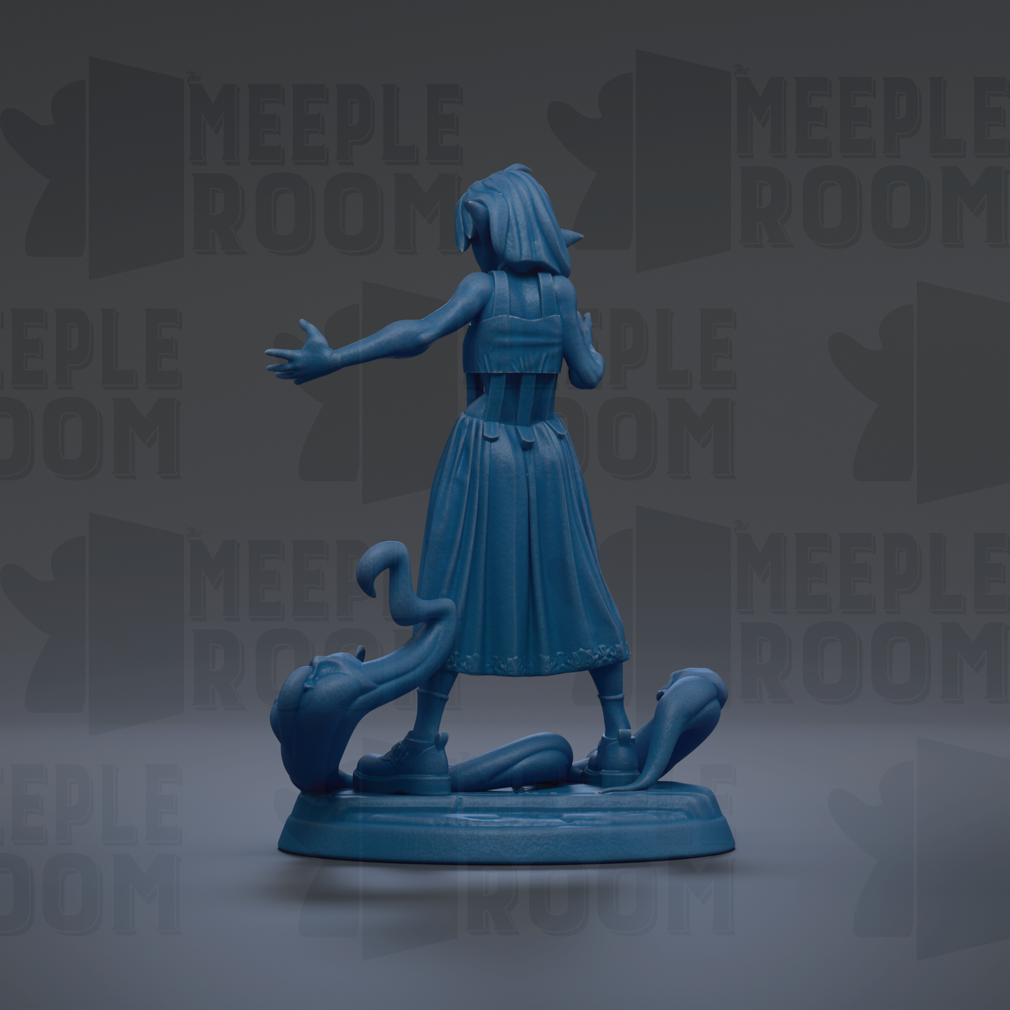 A blue figurine of a woman with her arms outstretched, standing on a base.