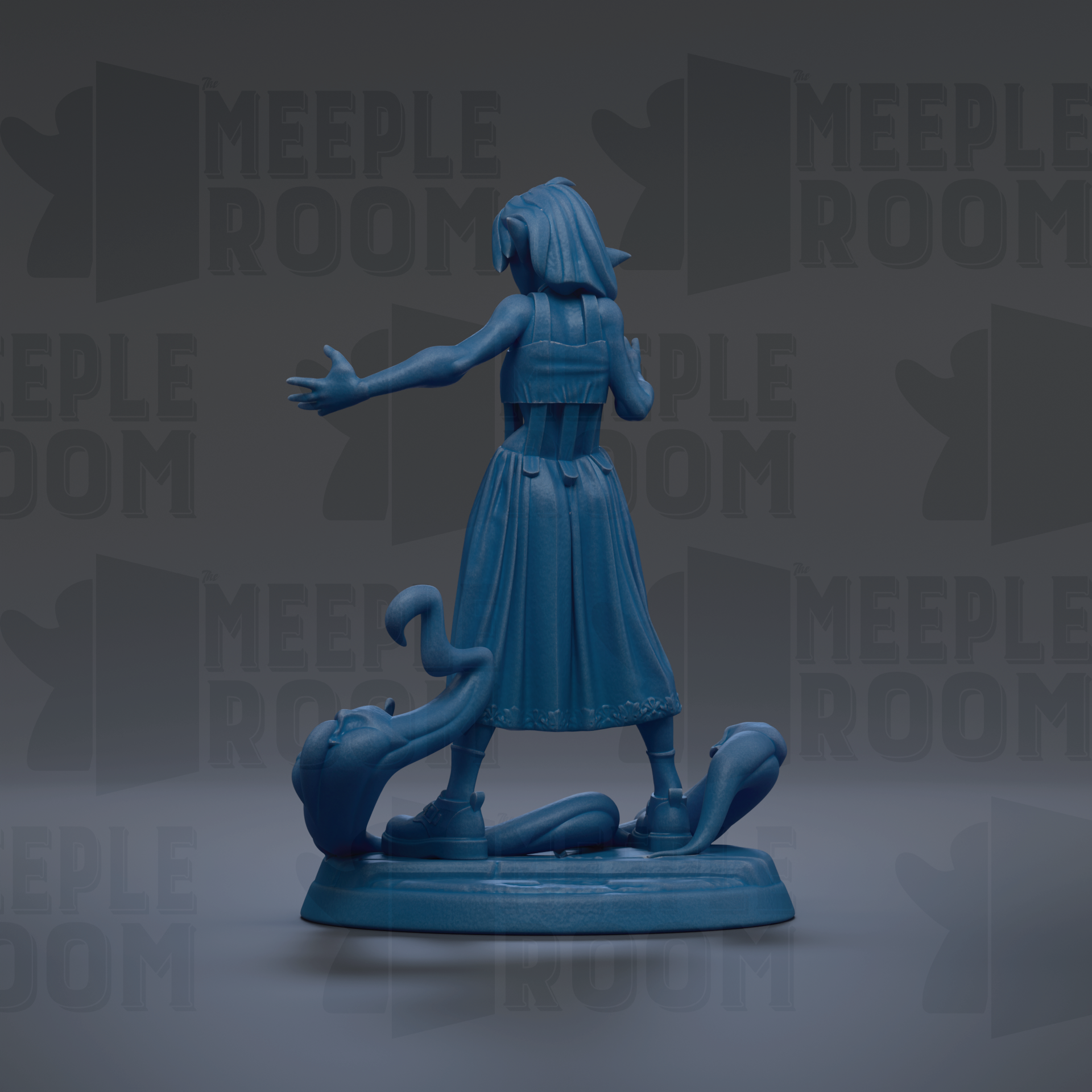 A blue figurine of a woman with her arms outstretched, standing on a base.