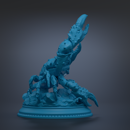 A blue, 3D-rendered sculpture of a lobster with its claws extended, sitting on a base.