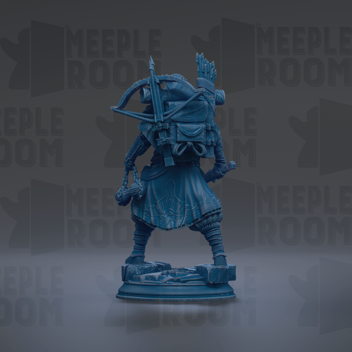 A blue statue of a figure holding a bow and arrow, standing on a pedestal.
