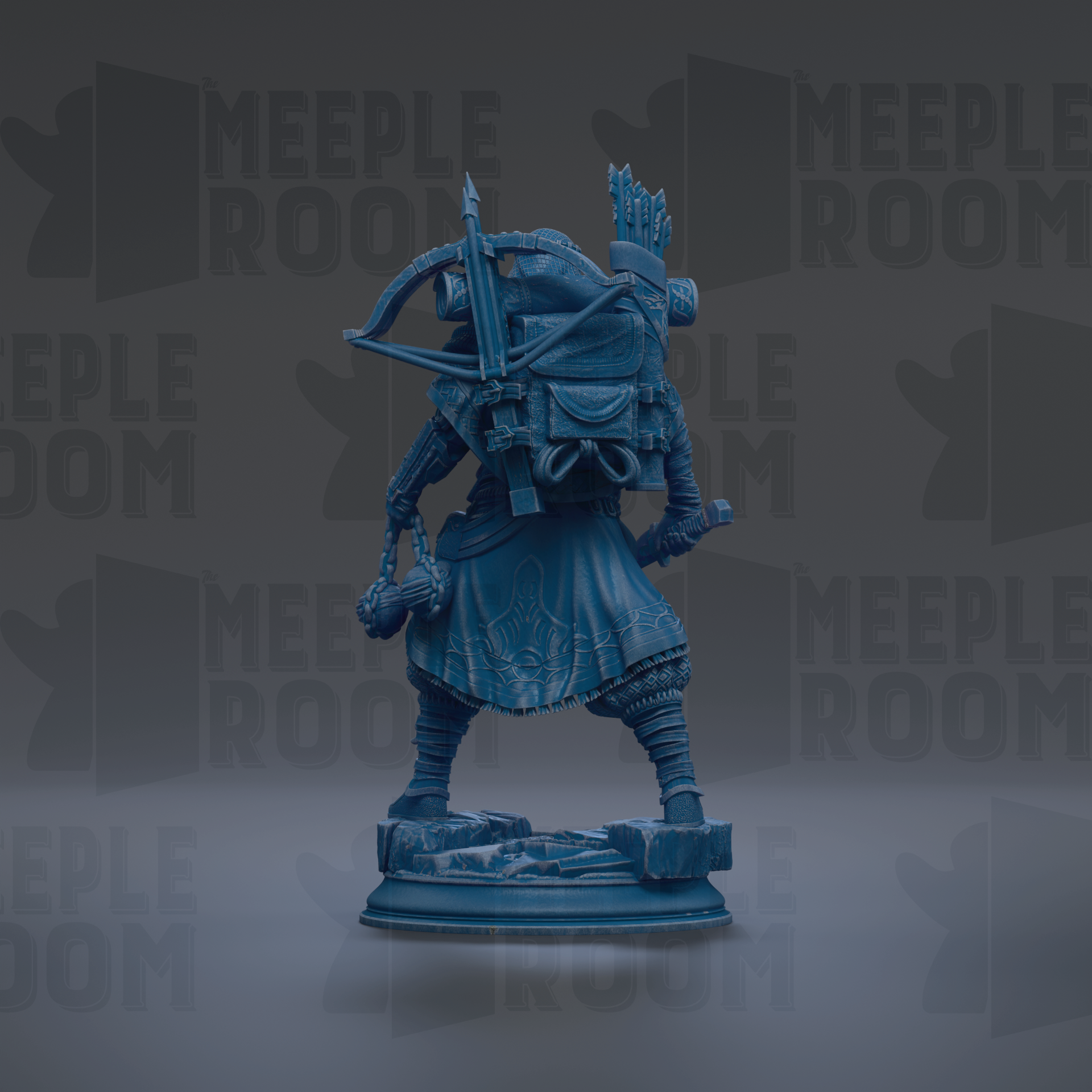 A blue statue of a figure holding a bow and arrow, standing on a pedestal.