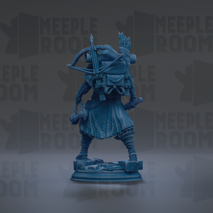 A blue statue of a figure holding a bow and arrow, standing on a pedestal.