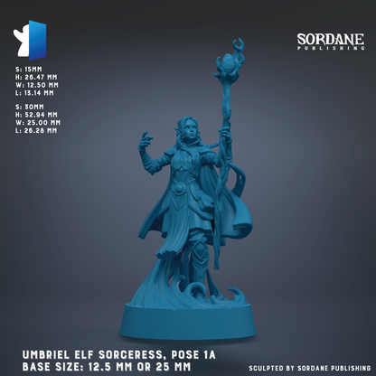 a figurine of an elf-like character, specifically a sorceress, posed in a dynamic stance with a staff or staff-like object. The figurine is described as a base size of 12.5 mm or 25 mm, and it is published by Sordane Publishing.