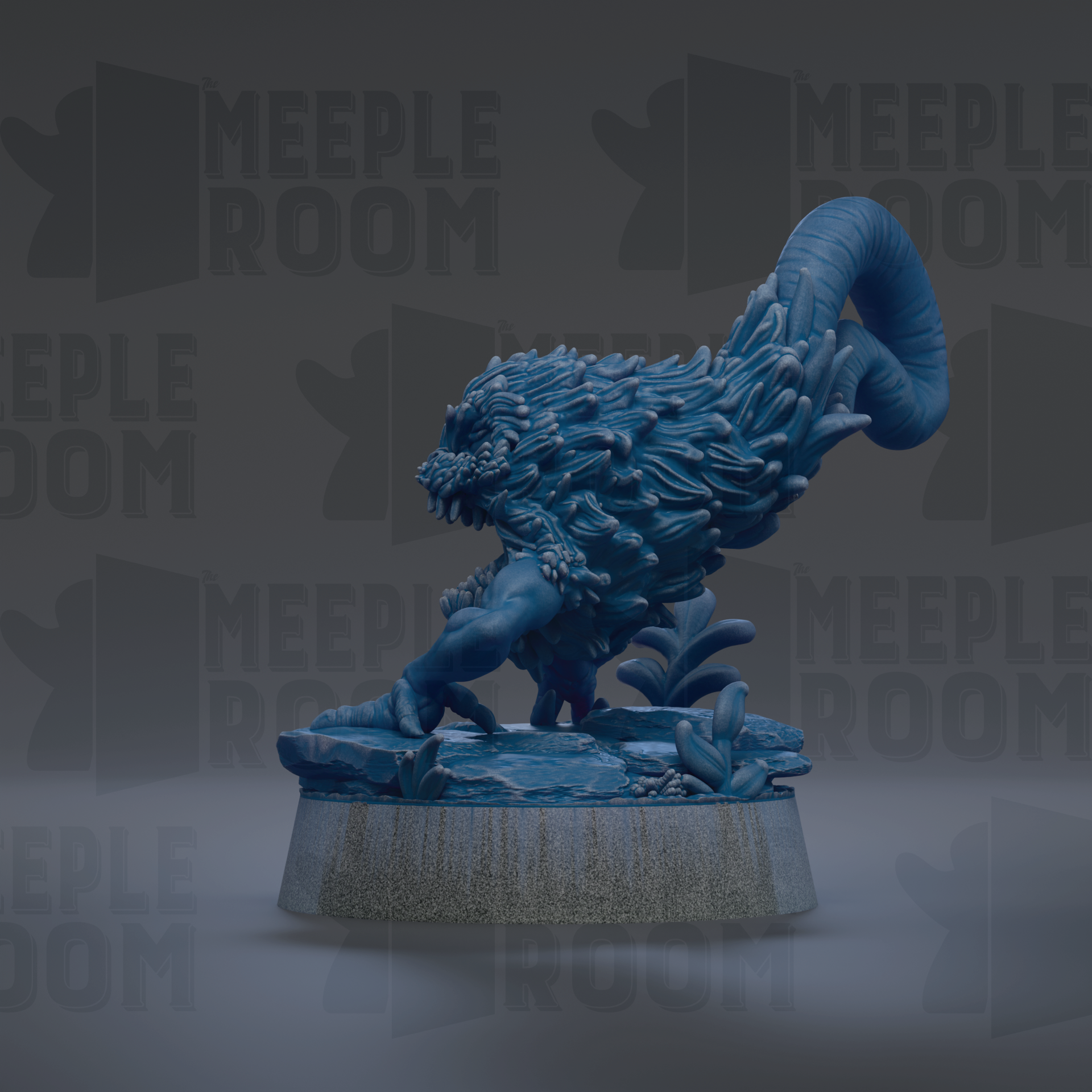 A blue, fantastical creature with a long, curled tail is depicted in a 3D rendering, standing on a platform against a dark background with repeated text.