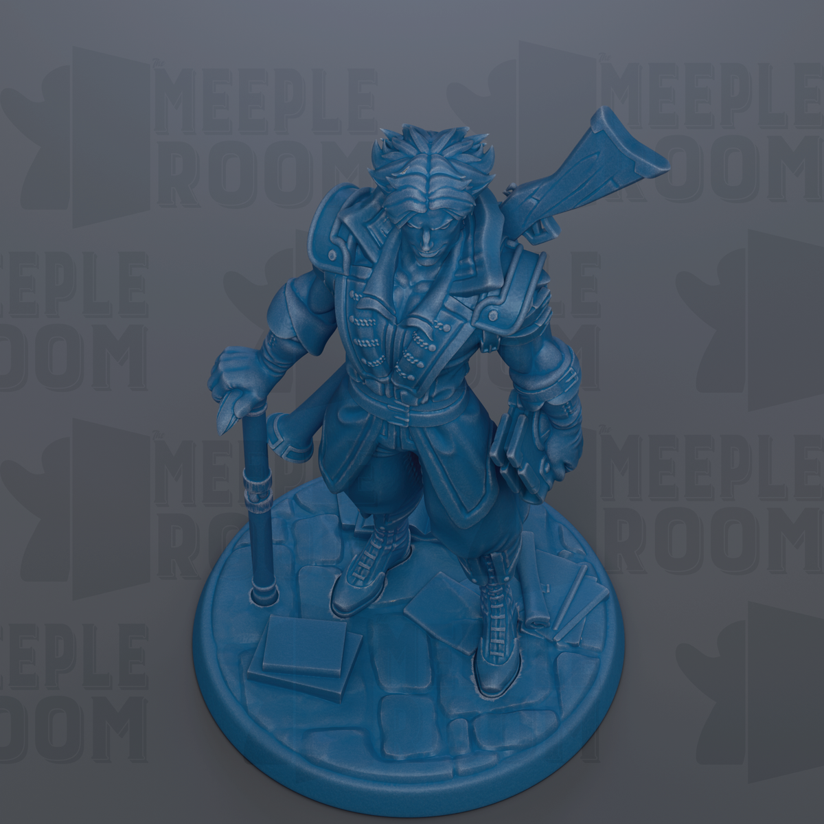 A blue figurine of a character with a sword and a cane, standing on a circular base.