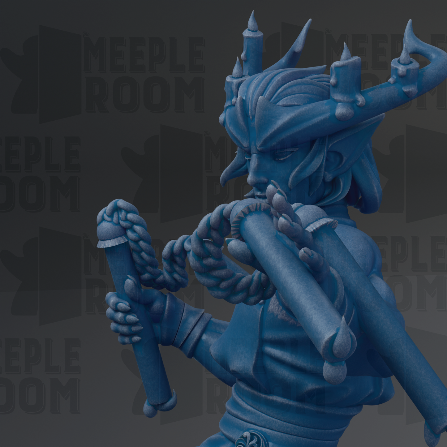 A blue, fantastical statue of a creature with horns and a beard, holding a staff and wearing a crown, set against a dark background with repeated text.