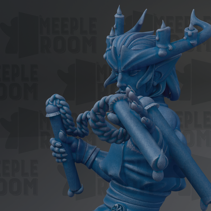 A blue, fantastical statue of a creature with horns and a beard, holding a staff and wearing a crown, set against a dark background with repeated text.