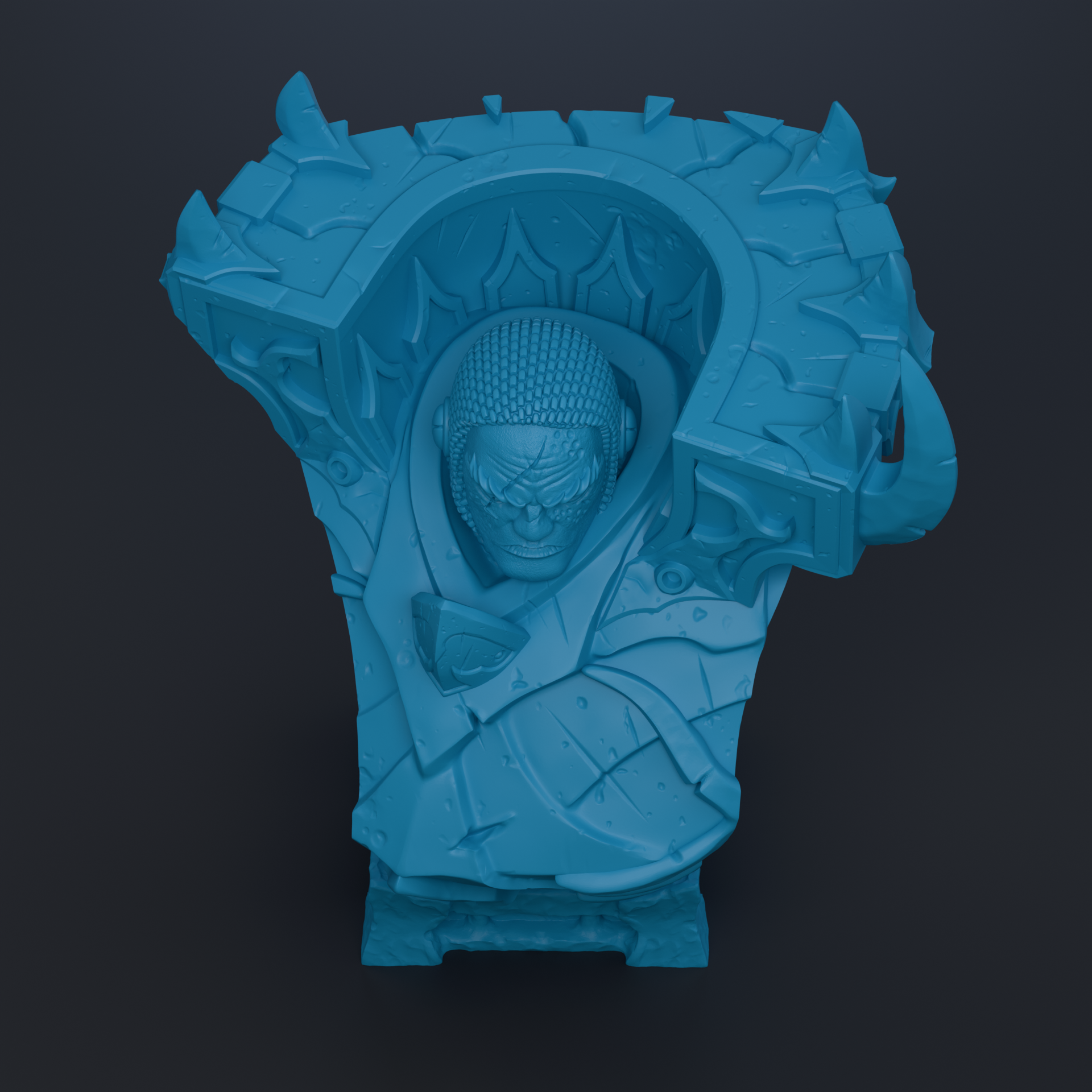 A 3D rendering of a blue, sculpted figure with a detailed head and facial features, set against a dark background.