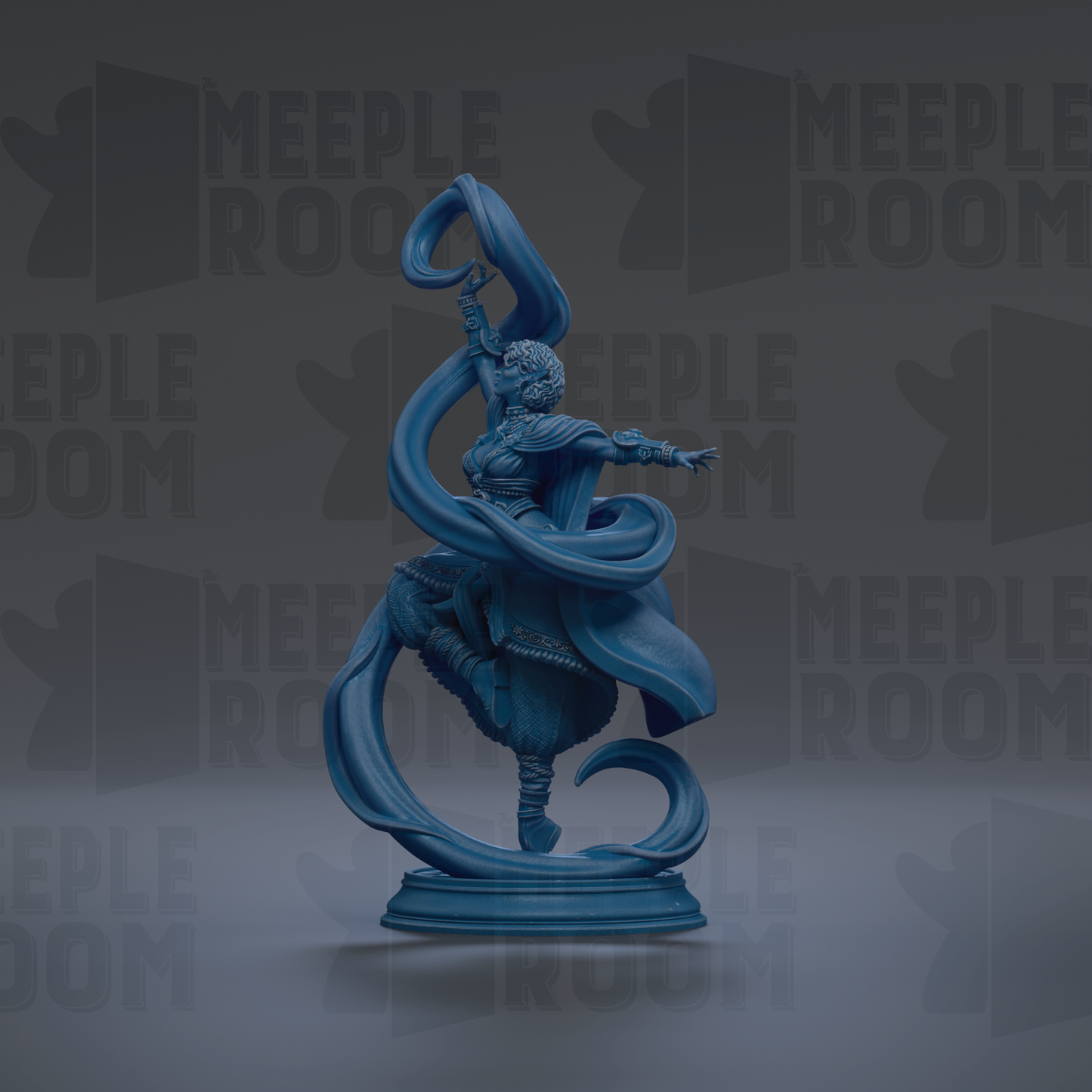 A blue statue of a figure with flowing robes and a headdress, standing on a pedestal and holding a long, flowing object.