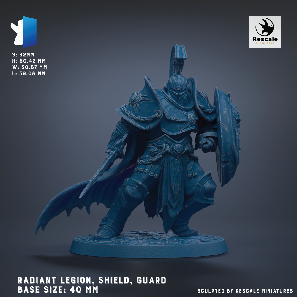 a detailed 3D model of a radiant legion, shield, and guard, with the base sizes of 40 mm, 50 mm, and 60 mm.