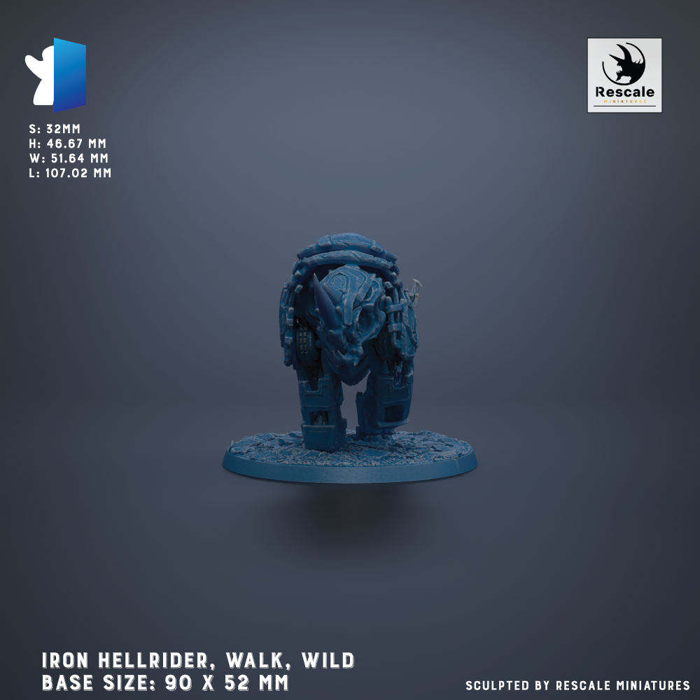 a blue figurine of an Iron Hellrider, a type of armored vehicle, standing on a base. The figurine is described as a "Wild" base size, which is 90 x 52 mm. The figurine is sculpted by Rescue miniatures.