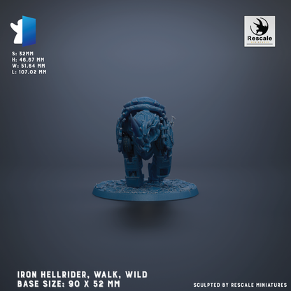 a blue figurine of an Iron Hellrider, a type of armored vehicle, standing on a base. The figurine is described as a "Wild" base size, which is 90 x 52 mm. The figurine is sculpted by Rescue miniatures.