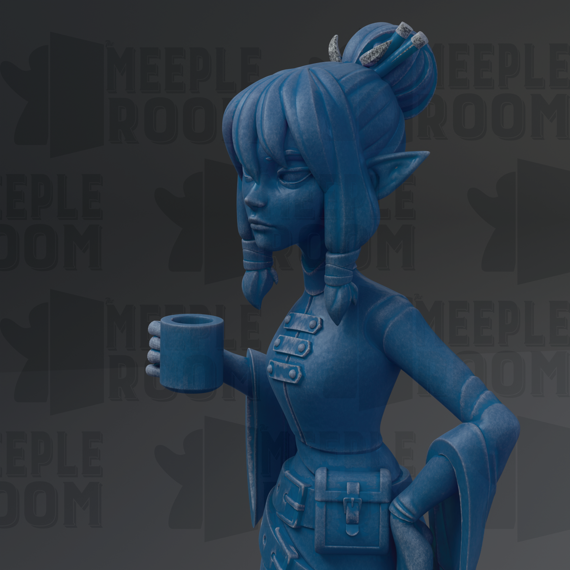 A blue statue of a woman holding a cup, with the text "MEEPLE ROOM" repeated in the background.