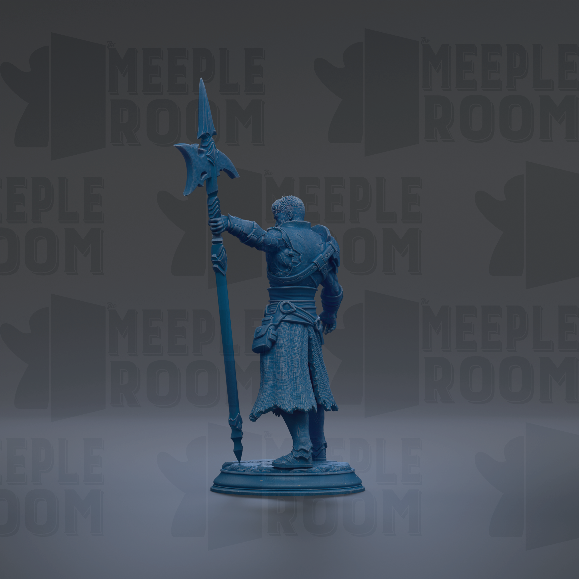 A blue figurine of a knight holding a spear and standing on a pedestal against a dark background with repeated text.