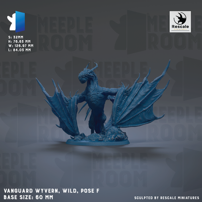 The image is a detailed 3D model of a blue dragon-like creature, possibly a mythical or fantasy creature, with wings and a tail. The creature is posed in a dynamic, wing-like stance, and it appears to be made of a material that resembles metal or plastic. The image is described as a "VANGUARD WYVERN, WILD, POSE F" and is shown in a base size of 60 mm. The image is described as a "Sculpted by RESCALE MINIATURES".