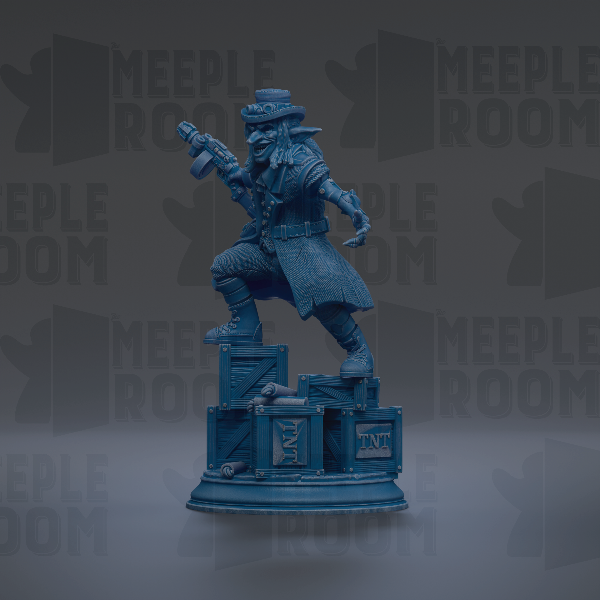 A blue statue of a person in a hat and coat, holding a gun, standing on a pedestal with a box labeled 'TNT' in front of it.