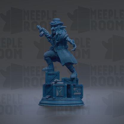 A blue statue of a person in a hat and coat, holding a gun, standing on a pedestal with a box labeled 'TNT' in front of it.