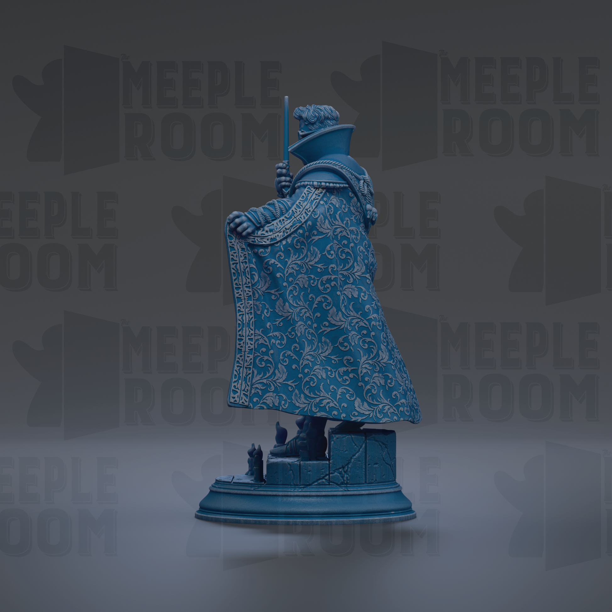 A blue statue of a person wearing a flowing robe and holding a staff, standing on a pedestal.