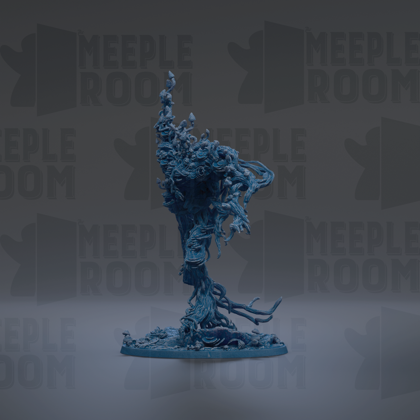 a large, abstract, and intricate blue sculpture with a twisted, organic shape that resembles a plant or tree.