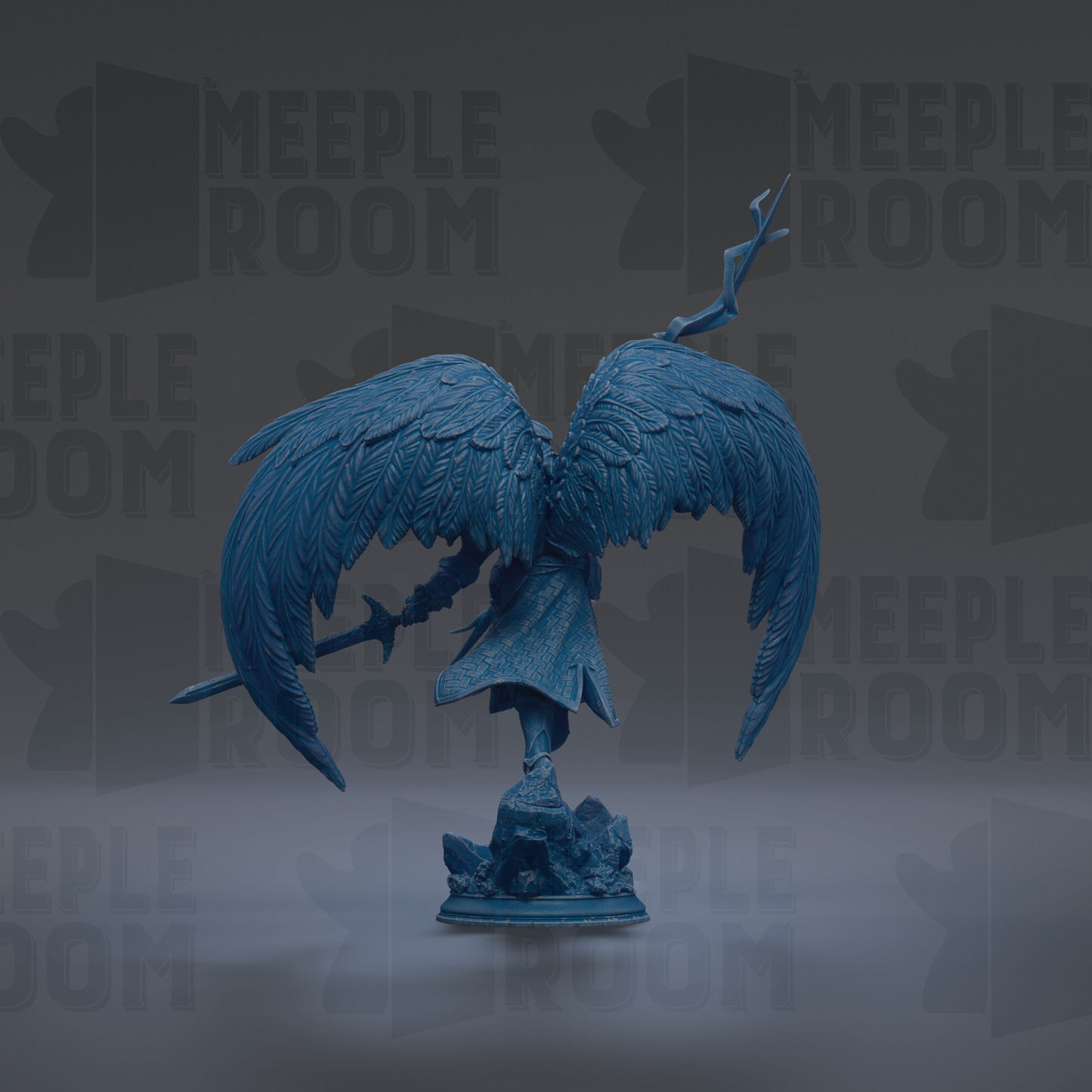 A blue, winged statue of a figure with a sword and shield stands prominently against a dark background with repeated text.