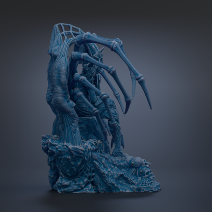 A 3D rendering of a blue, organic-looking creature with intricate, skeletal-like features, including a large head and multiple arms.
