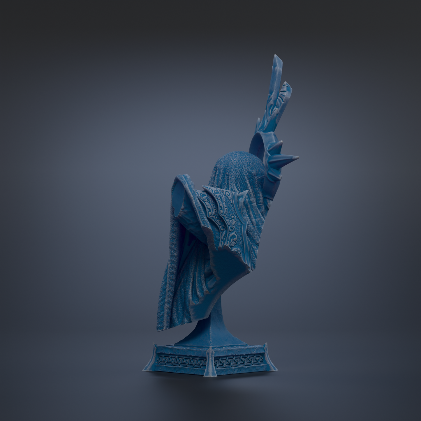 A 3D rendering of a blue, abstract sculpture with a raised arm and a draped, flowing design.