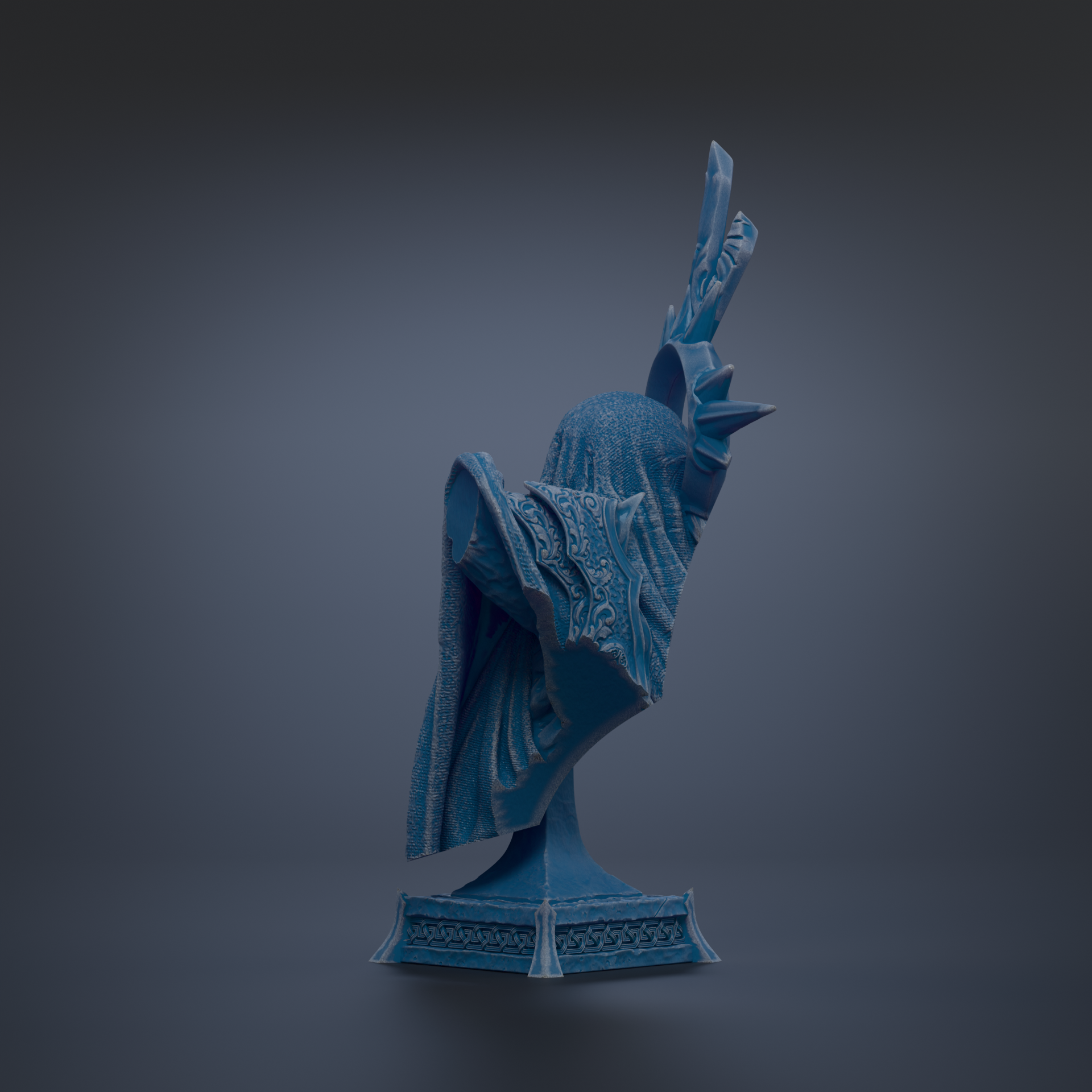 A 3D rendering of a blue, abstract sculpture with a raised arm and a draped, flowing design.