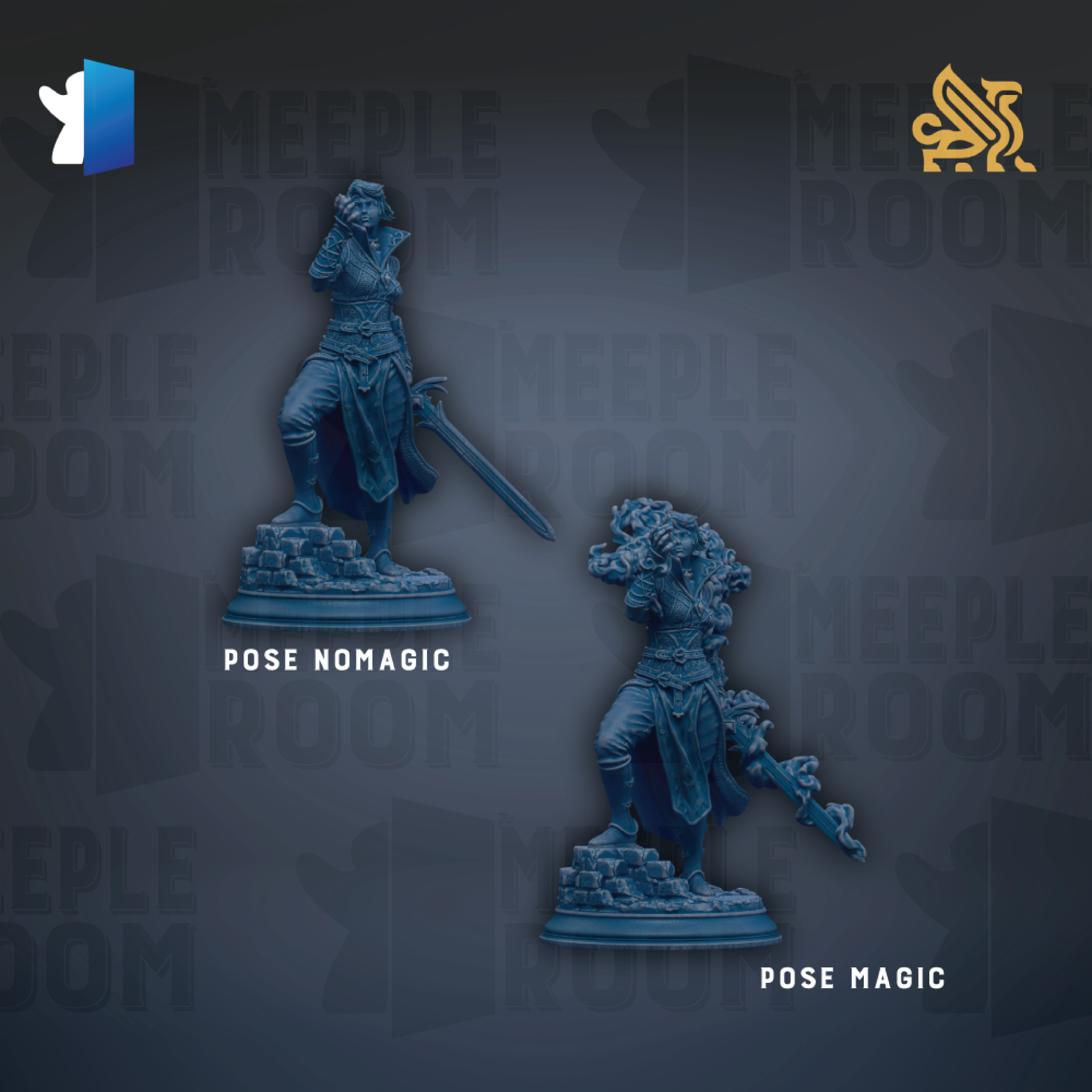 A blue statue of a person standing on a pedestal, with the text "MEUPLE ROOM" repeated in the background.