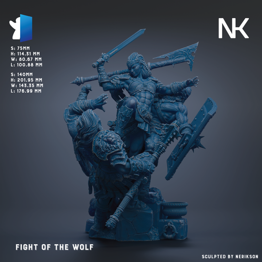 a warrior figure wielding a sword and shield, with a wolf-like creature in the background. The warrior is shown in a dynamic fighting stance, ready to engage with the wolf. The image is a 3D rendering of a warrior figure, and it is described as a fight of the wolf.