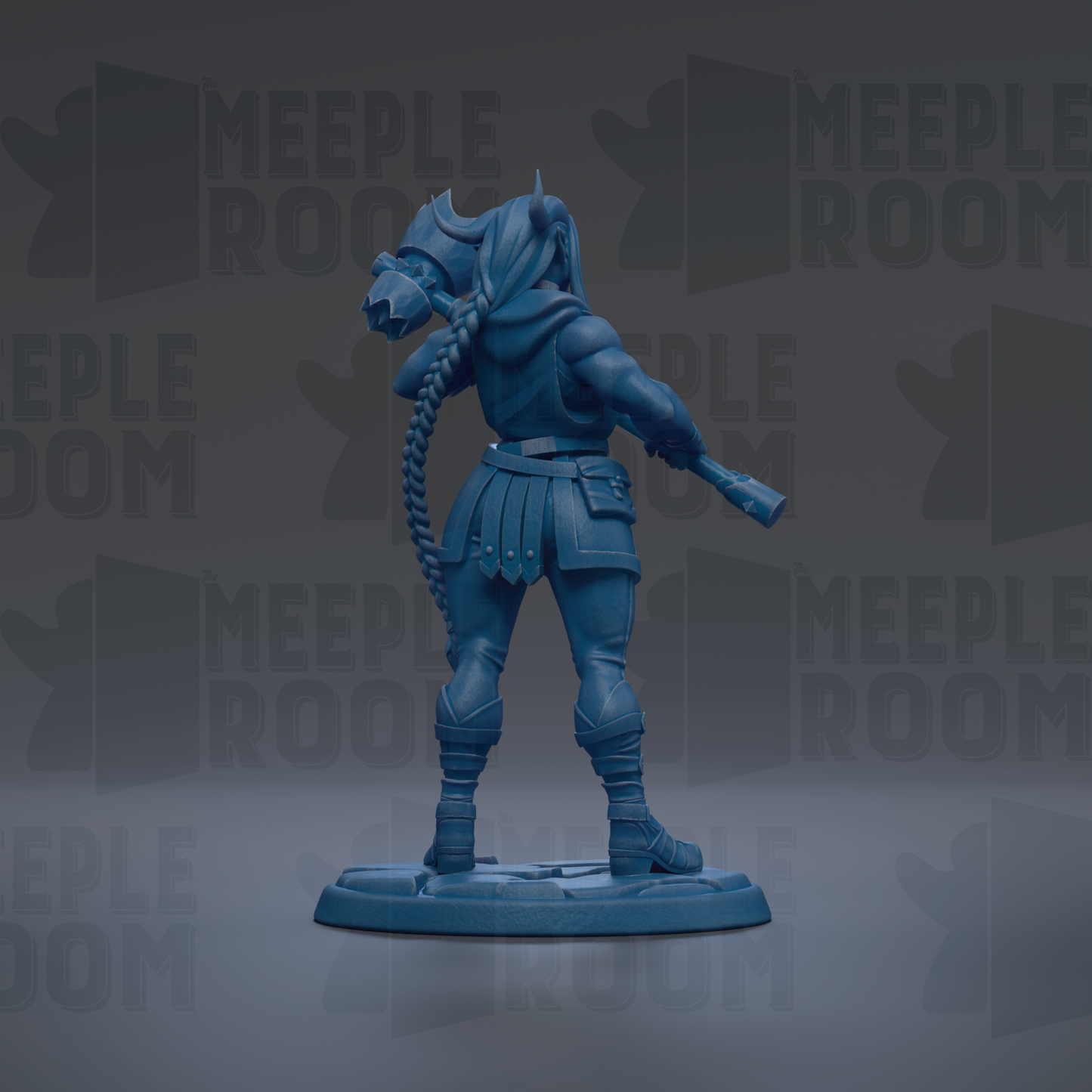 A blue figurine of a warrior standing on a base, with the text "MEIPLLE ROOM" repeated in the background.