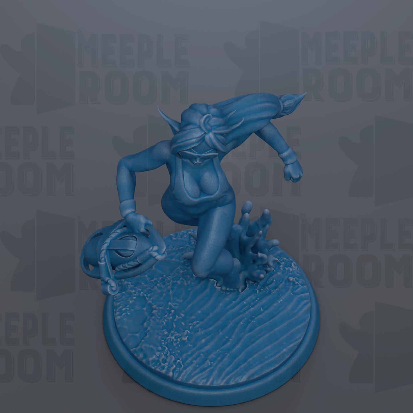 A blue figurine of a woman with long hair and a flowing skirt, standing on a blue base with a wave-like pattern.
