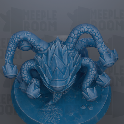 A blue, three-dimensional figurine with a large head and multiple arms, resembling a fantastical creature or monster.