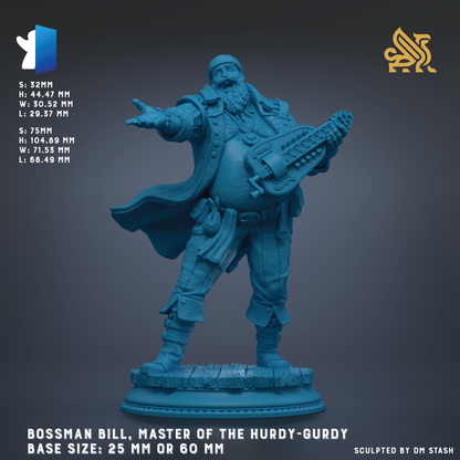 The image is a 3D model of a statue of a man with a beard, wearing a hat and holding a guitar. The statue is in a blue color and is depicted in a dynamic pose, with one arm extended and the other hand holding the guitar. The statue is described as " Bossman Bill, Master of the Hurdy-Gurdy Base Size: 25 mm or 60 mm".