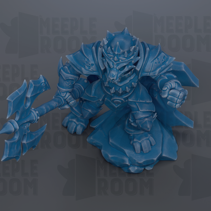 A blue, armored fantasy character with a large weapon, standing on a rock formation against a dark background.