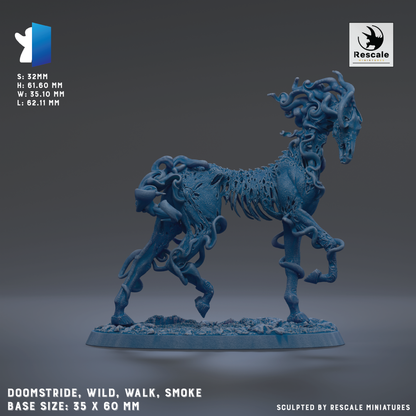 a blue, sculpted horse with intricate, organic-looking features, including a long neck, legs, and a flowing mane. The horse is shown in a dynamic pose, walking and smoking, with a dark background that emphasizes the sculpture. The base size of the horse is 35 x 60 mm, and the image is described as a "DOOMSTRIDE, WILD, WALK, SMOKE" sculpture.