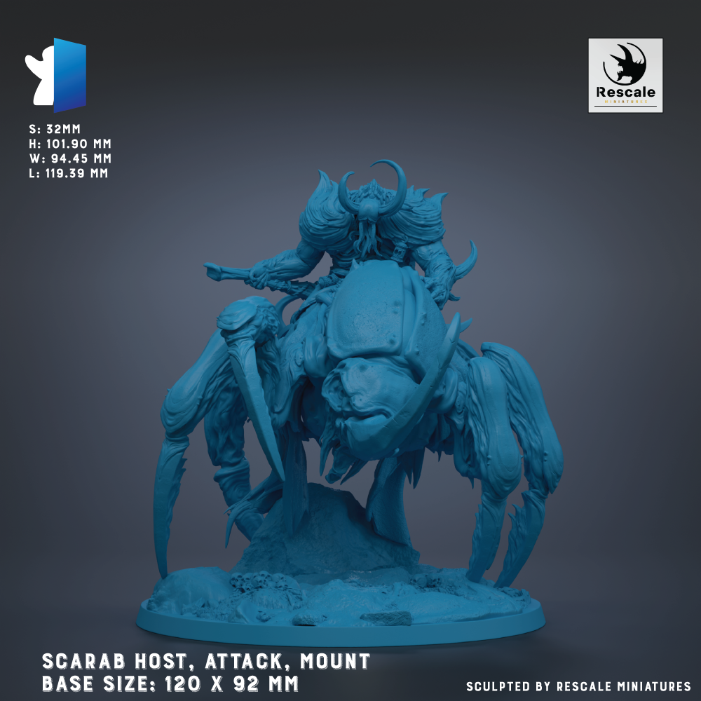 The image is a 3D model of a blue, fantastical creature with horns and a large head, mounted on a smaller creature. The creature appears to be a type of spider or beetle-like creature, with a large head and a smaller body. The base size of the model is 120 x 92 mm.