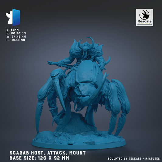 The image is a 3D model of a blue, fantastical creature with horns and a large head, mounted on a smaller creature. The creature appears to be a type of spider or beetle-like creature, with a large head and a smaller body. The base size of the model is 120 x 92 mm.