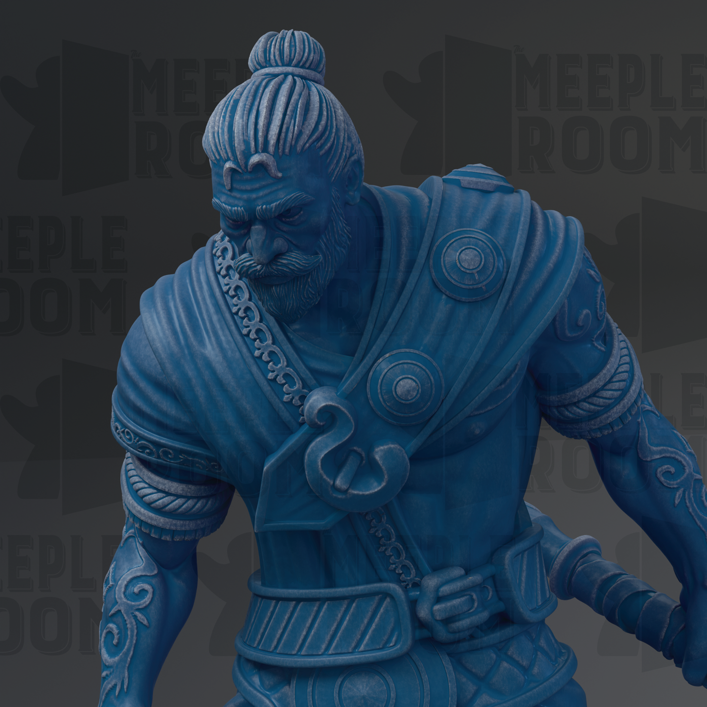 A close-up of a blue statue depicting a warrior figure with a serious expression.