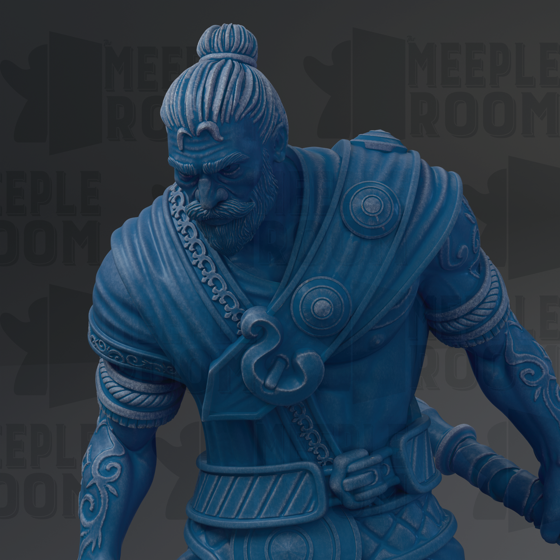 A close-up of a blue statue depicting a warrior figure with a serious expression.