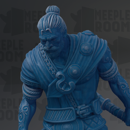 A close-up of a blue statue depicting a warrior figure with a serious expression.